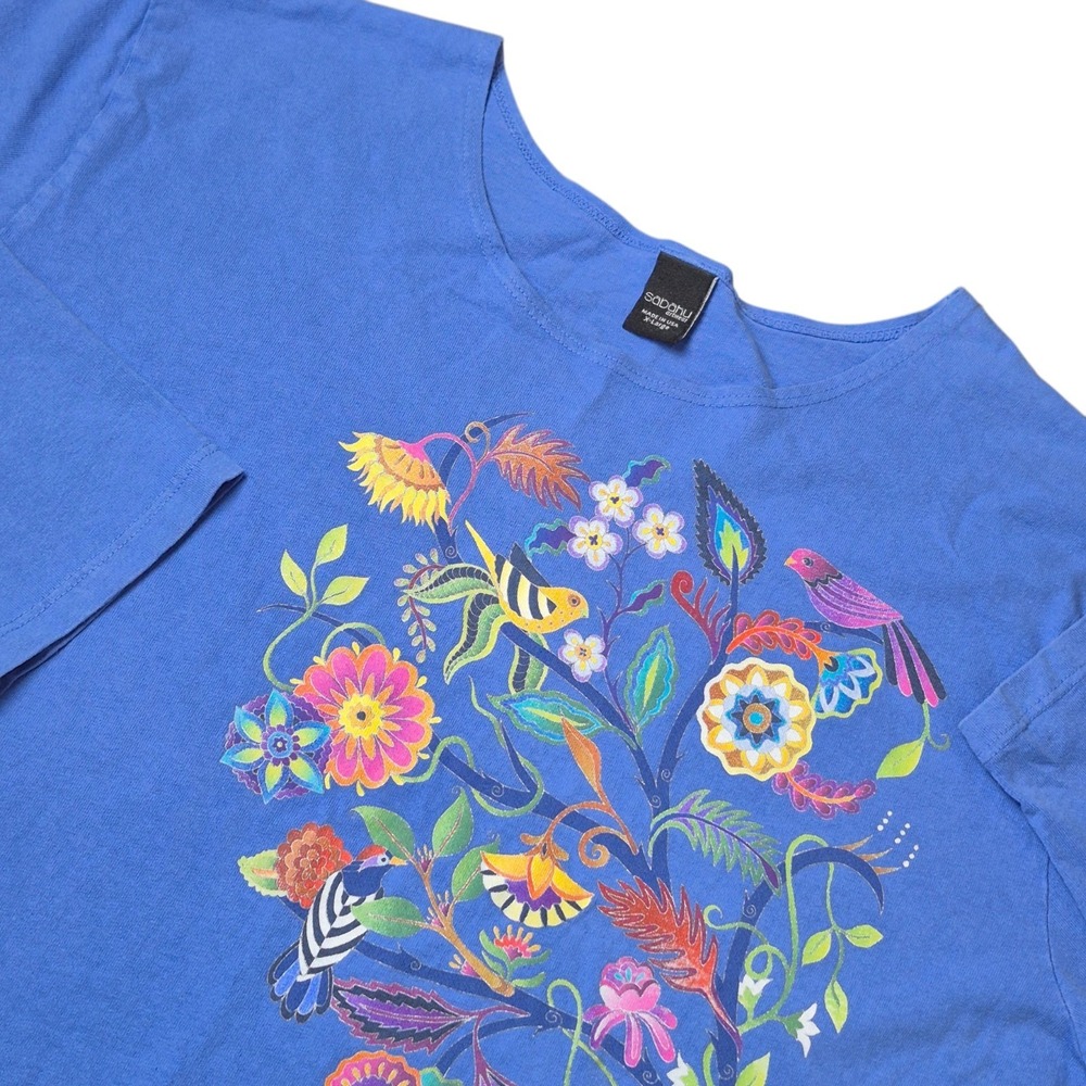 Sabaku Women's XL Made in USA Blue Boho Floral Graphic Artsy Tee